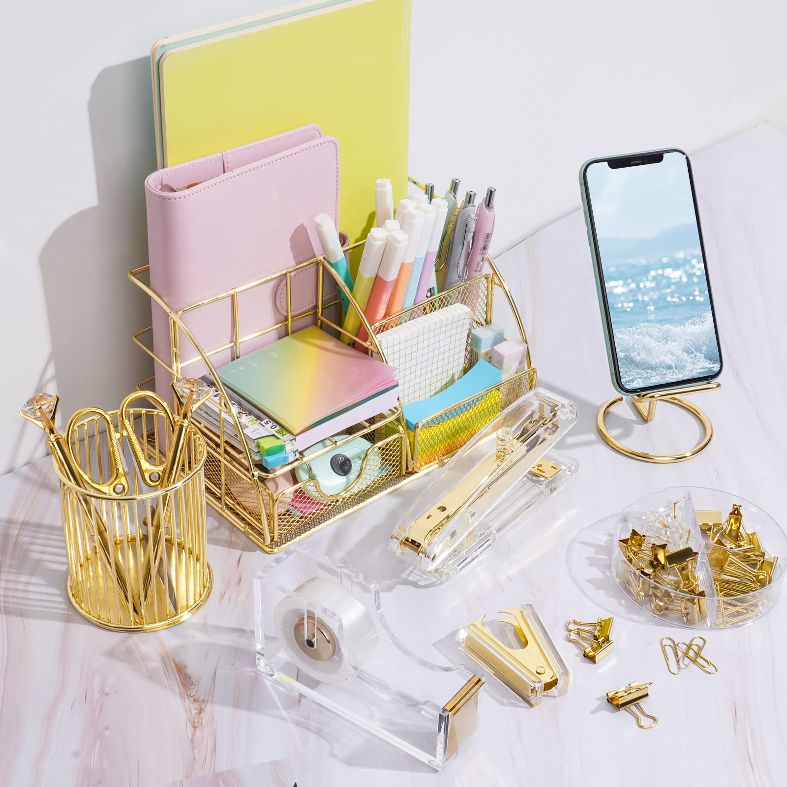 NiOffice Gold Desk Organizer Set with Acrylic Accessories - Includes Stapler, Tape Holder, Pen Holder, Scissors, Phone Holder, Binder Clips, Staple Remover and 1000 Staples