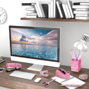 10 Pcs Bling Office Accessories for Desk Bling Crystal Office Supplies Set Desk Accessory Kit Glitter Stapler Staple Remover Tape Dispenser Diamond Pen Scissors for Women Office Home Desk (Pink)