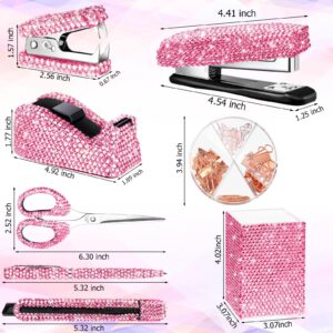 10 Pcs Bling Office Accessories for Desk Bling Crystal Office Supplies Set Desk Accessory Kit Glitter Stapler Staple Remover Tape Dispenser Diamond Pen Scissors for Women Office Home Desk (Pink)