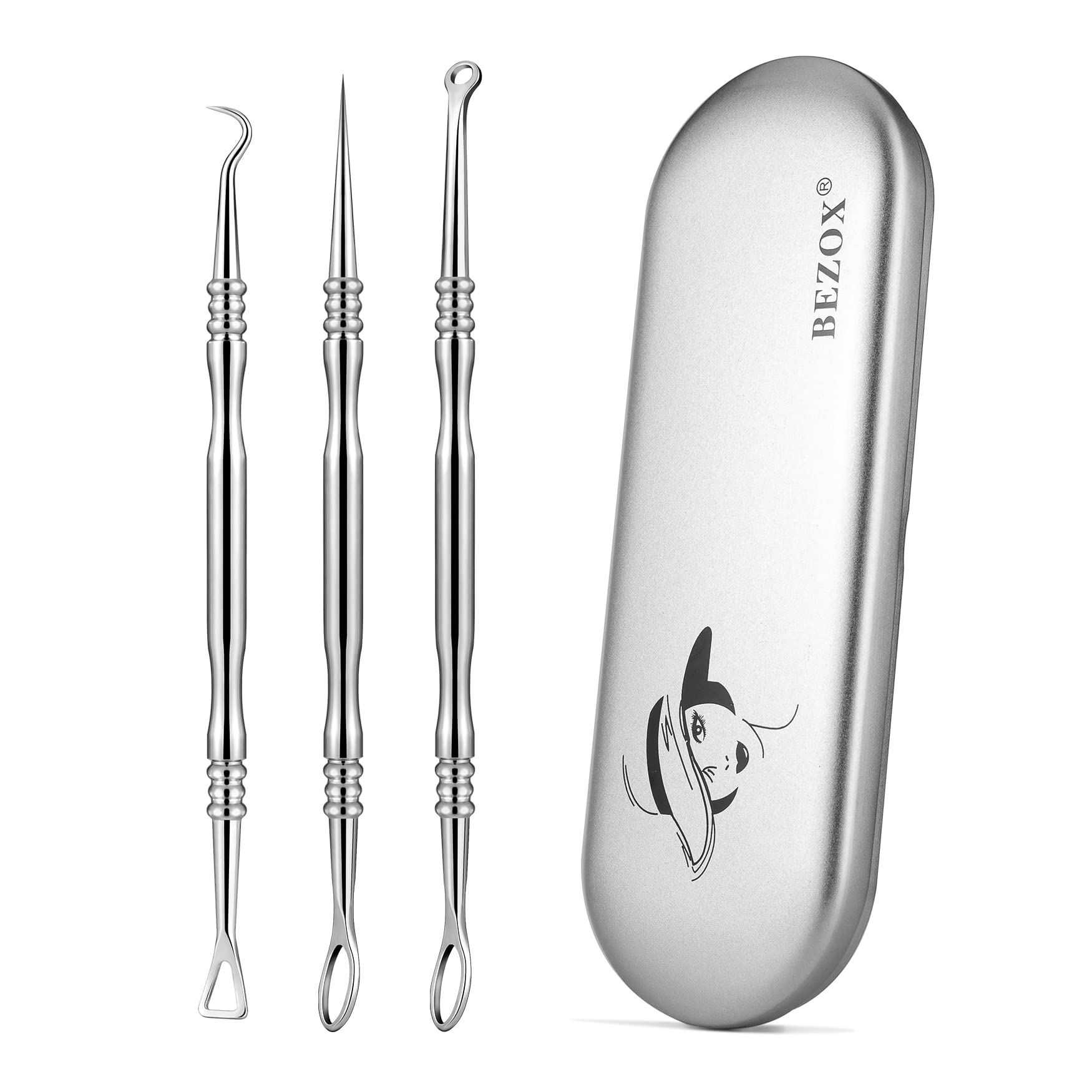 BEZOX Acne Needle Blackhead Remover Tools, Set of 3 Surgical Grade Stainless Steel Pimple Popper Facial Tools with Metal Storage Case