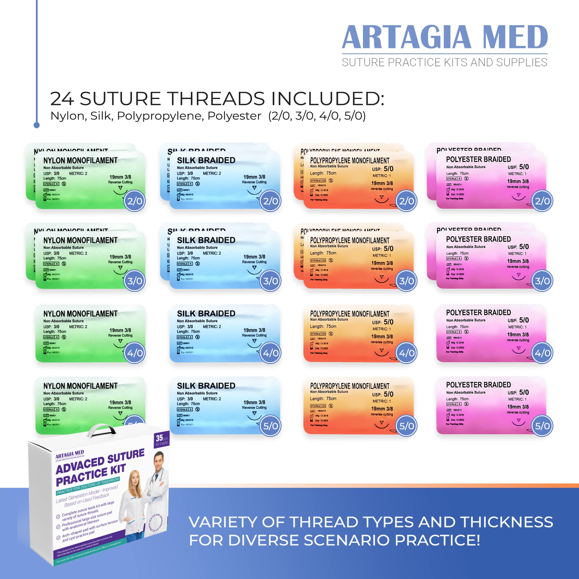 Advanced Practice Kit for Medical Students (35 Pcs) – Latest Generation of Most Complete Model, Including: Tool Kit with Variety of Suture Threads, 3 Top Quality Suture Pads (Education Only)