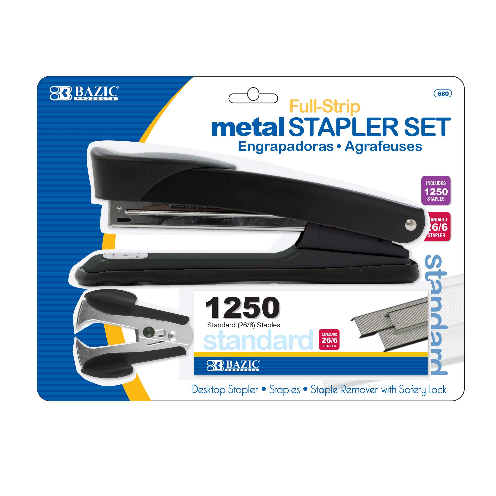 BAZIC Desktop Stapler & Staple Remover & 1250 Staples, Heavy Duty Metal Full Strip Staplers Standard (26/6), Safety Lock Staples Removers, 12-Pack