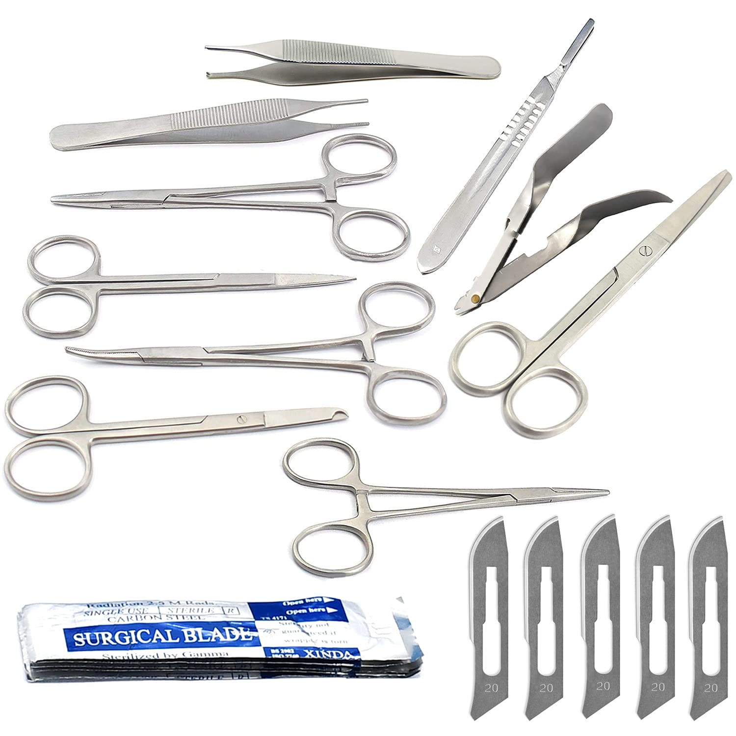 AAProTools 5 Blades No 20 Plus ADSON Forceps Webster Needle Holder HEMOSTAT Mosquito Forceps Scalpel Handle IRIS Scissors Operating Scissors