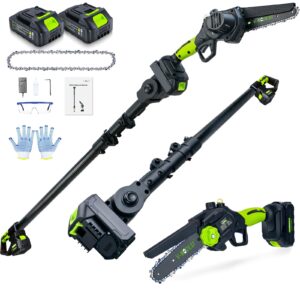 v-modest 2-in-1 cordless pole saw, 6 inch brushless pole chainsaws mini handheld chainsaw with 2× 21v batteries, 6.5lb lightweight, auto oiling, 15 ft max extension pole saws for tree trimming