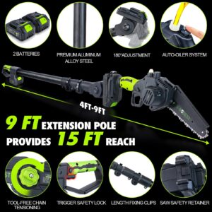 V-MODEST 2-in-1 Cordless Pole Saw, 6 Inch Brushless Pole Chainsaws Mini Handheld Chainsaw with 2× 21V Batteries, 6.5lb Lightweight, Auto Oiling, 15 FT MAX Extension Pole Saws for Tree Trimming