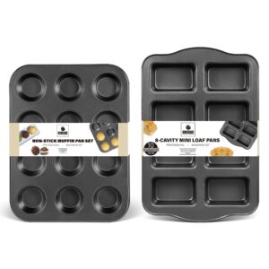 HONGBAKE Nonstick Muffin Pan 12 Cup and Mini Loaf Pans 8 Cavity, Cupcake Tin for Baking and Small Banana Bread Tray - Grey