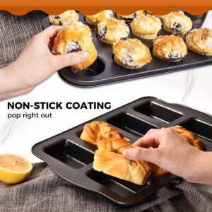 HONGBAKE Nonstick Muffin Pan 12 Cup and Mini Loaf Pans 8 Cavity, Cupcake Tin for Baking and Small Banana Bread Tray - Grey