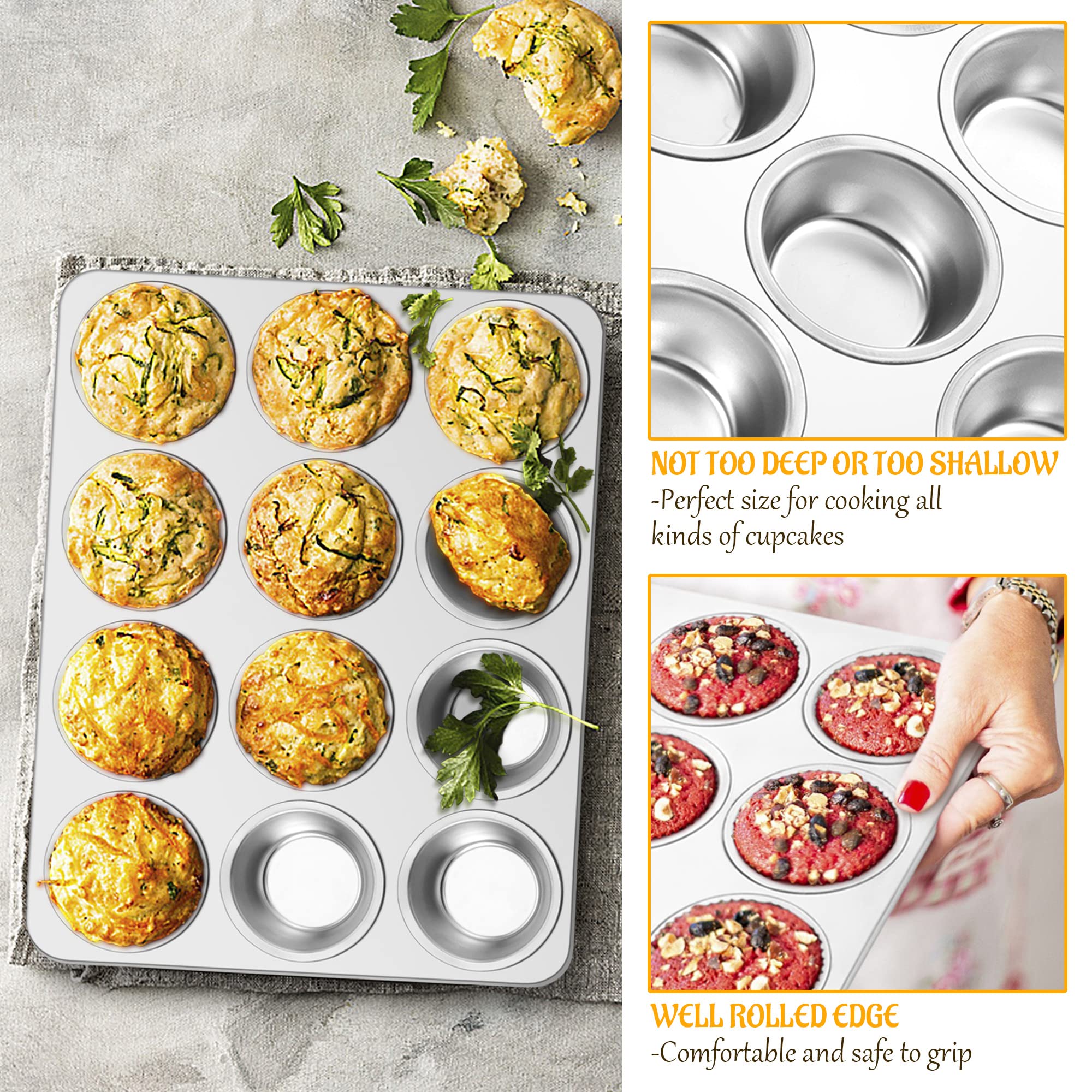 E-far Muffin Pan 12-Cup, Set of 2, Stainless Steel Cupcake Pan Metal Muffin Baking Tins for Oven, Regular Size & Easy Clean, Non-toxic & Dishwasher Safe-2 Pack