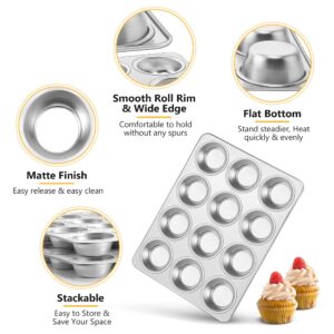 TeamFar 12-Cup Muffin Pan, Stainless Steel Muffin Tin Metal Cupcake Baking Pan for Oven, Regular Size & Non Toxic, Easy Clean & Dishwasher Safe