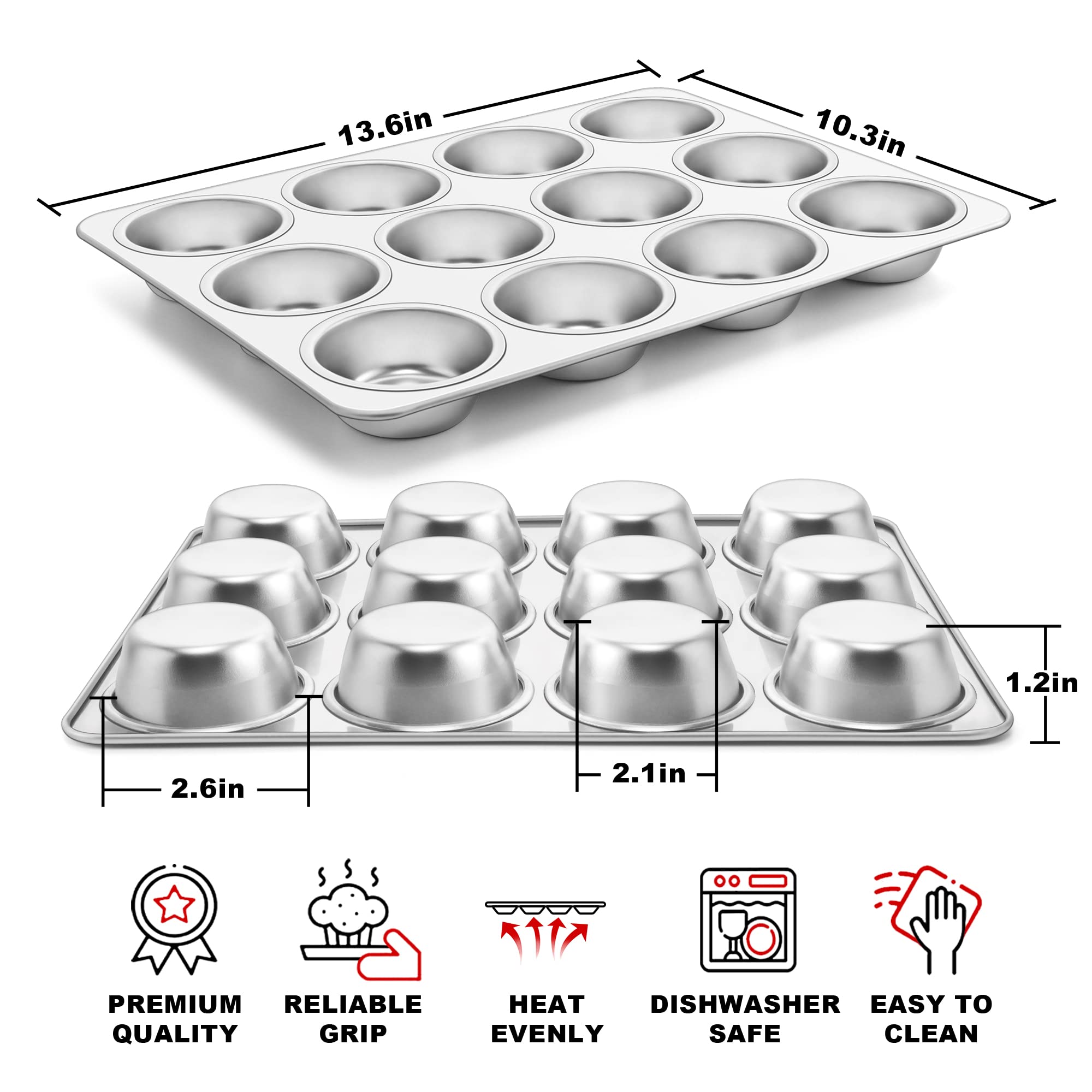 TeamFar 12-Cup Muffin Pan, Stainless Steel Muffin Tin Metal Cupcake Baking Pan for Oven, Regular Size & Non Toxic, Easy Clean & Dishwasher Safe