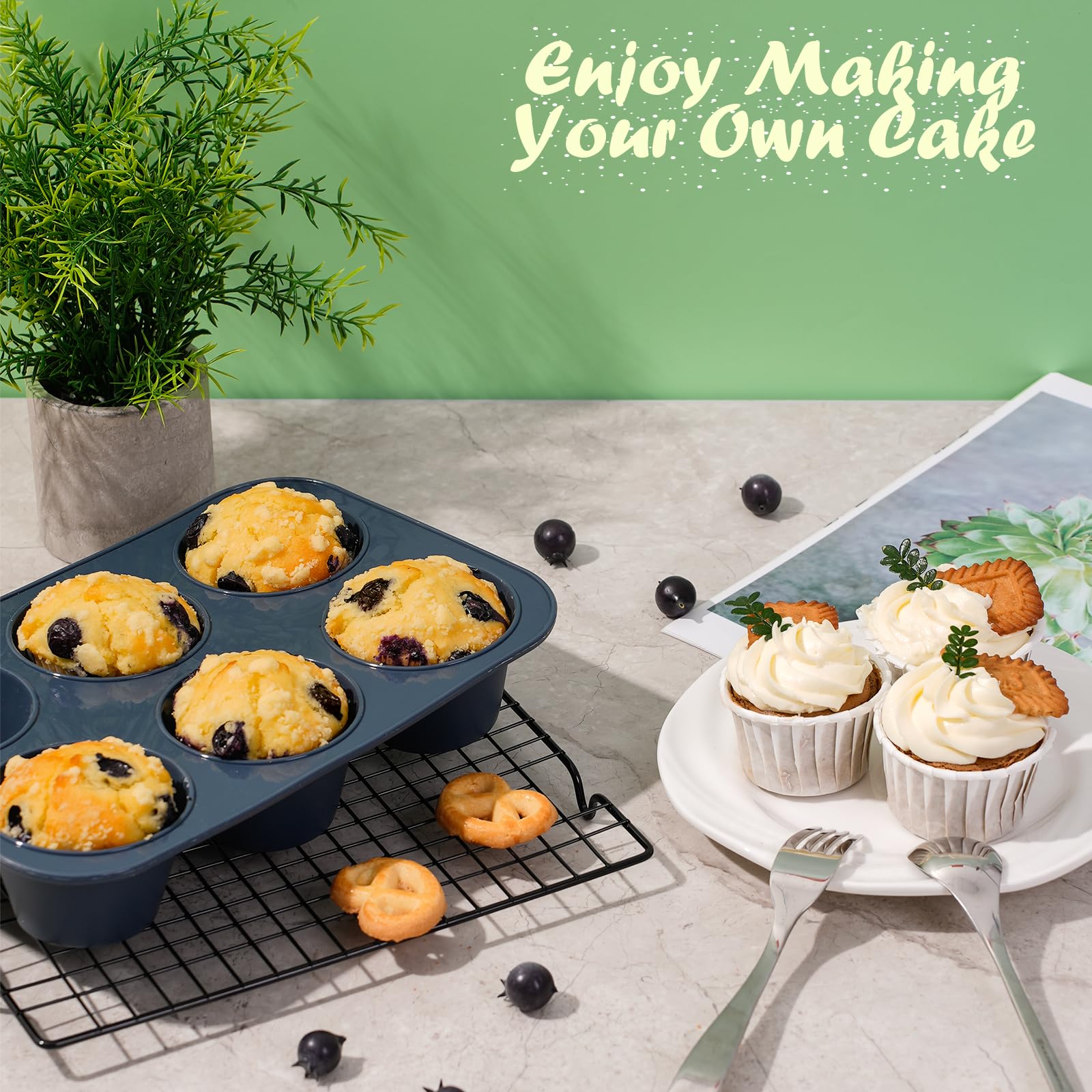 Vnray Silicone Muffin Baking Pan & Cupcake Tray 6 Cup - Nonstick Cake Molds/Tin, Large Silicon Bakeware, BPA Free, Dishwasher & Microwave Safe (6 Cup Size, Grey)