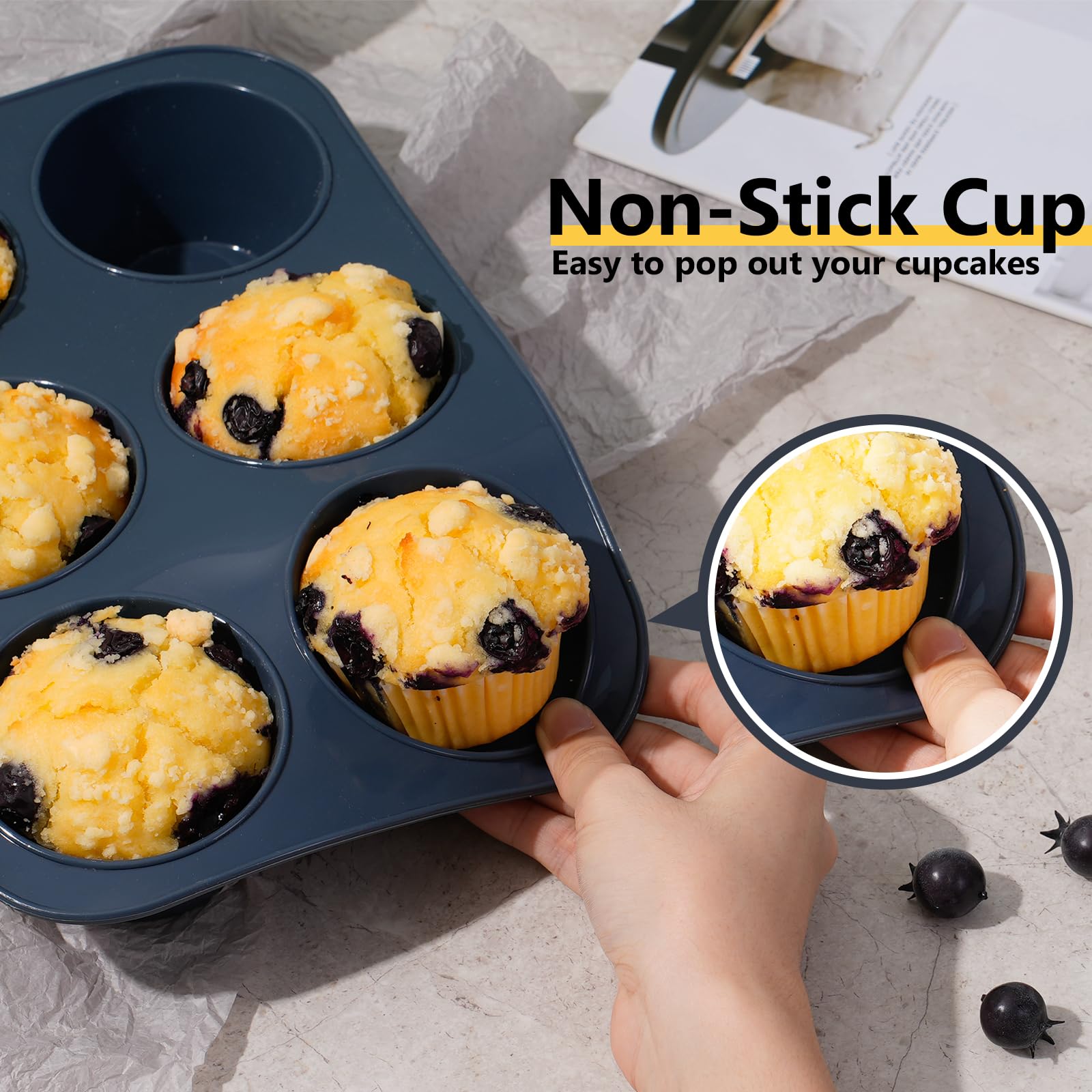 Vnray Silicone Muffin Baking Pan & Cupcake Tray 6 Cup - Nonstick Cake Molds/Tin, Large Silicon Bakeware, BPA Free, Dishwasher & Microwave Safe (6 Cup Size, Grey)