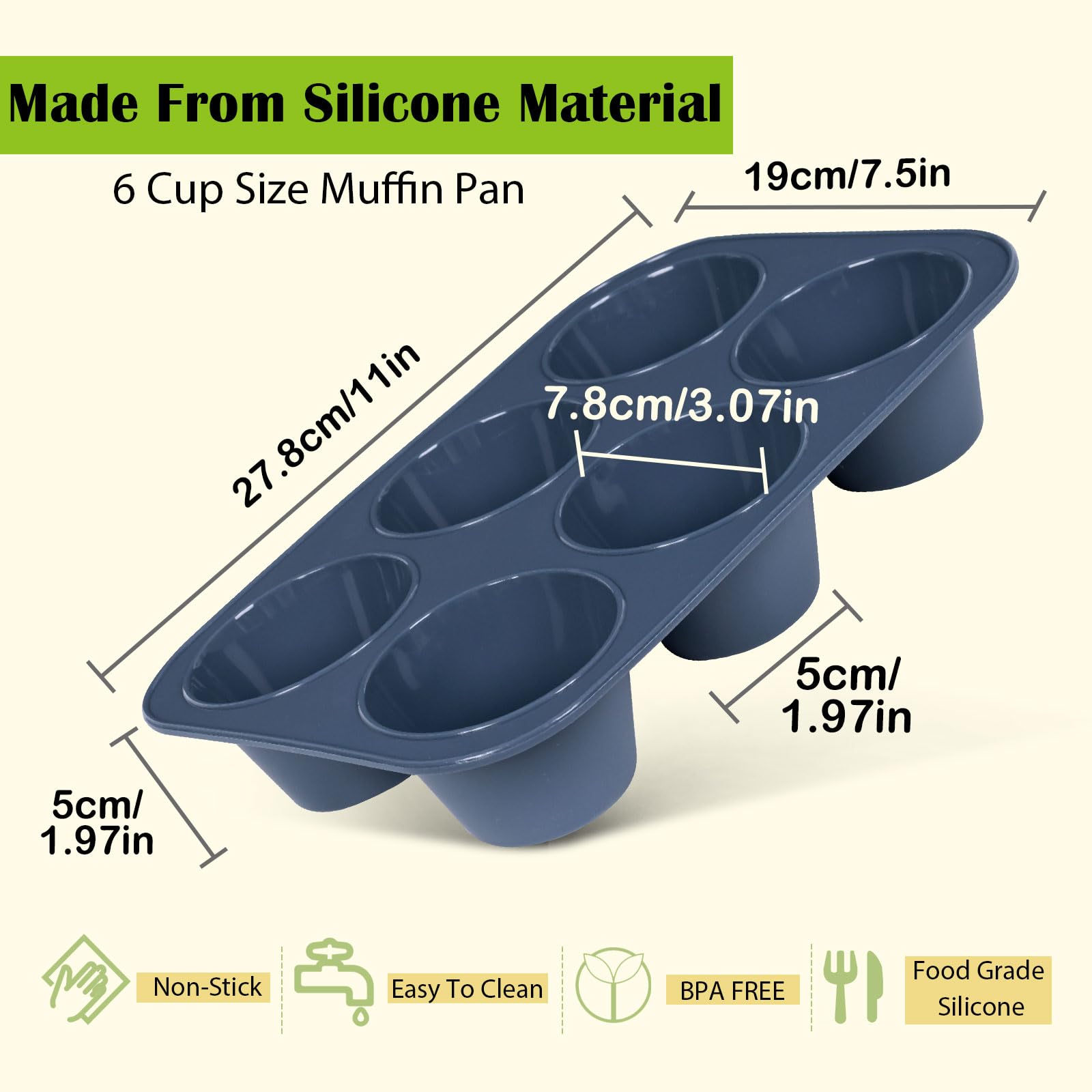 Vnray Silicone Muffin Baking Pan & Cupcake Tray 6 Cup - Nonstick Cake Molds/Tin, Large Silicon Bakeware, BPA Free, Dishwasher & Microwave Safe (6 Cup Size, Grey)