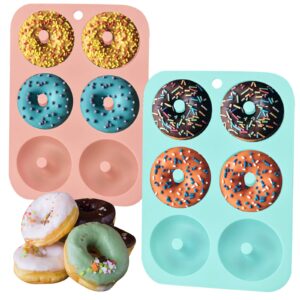 silicone donut molds 2 pack non-stick silicone donut pan 6 cavity food grade baking molds for cake donut biscuit bagels muffins blue+pink