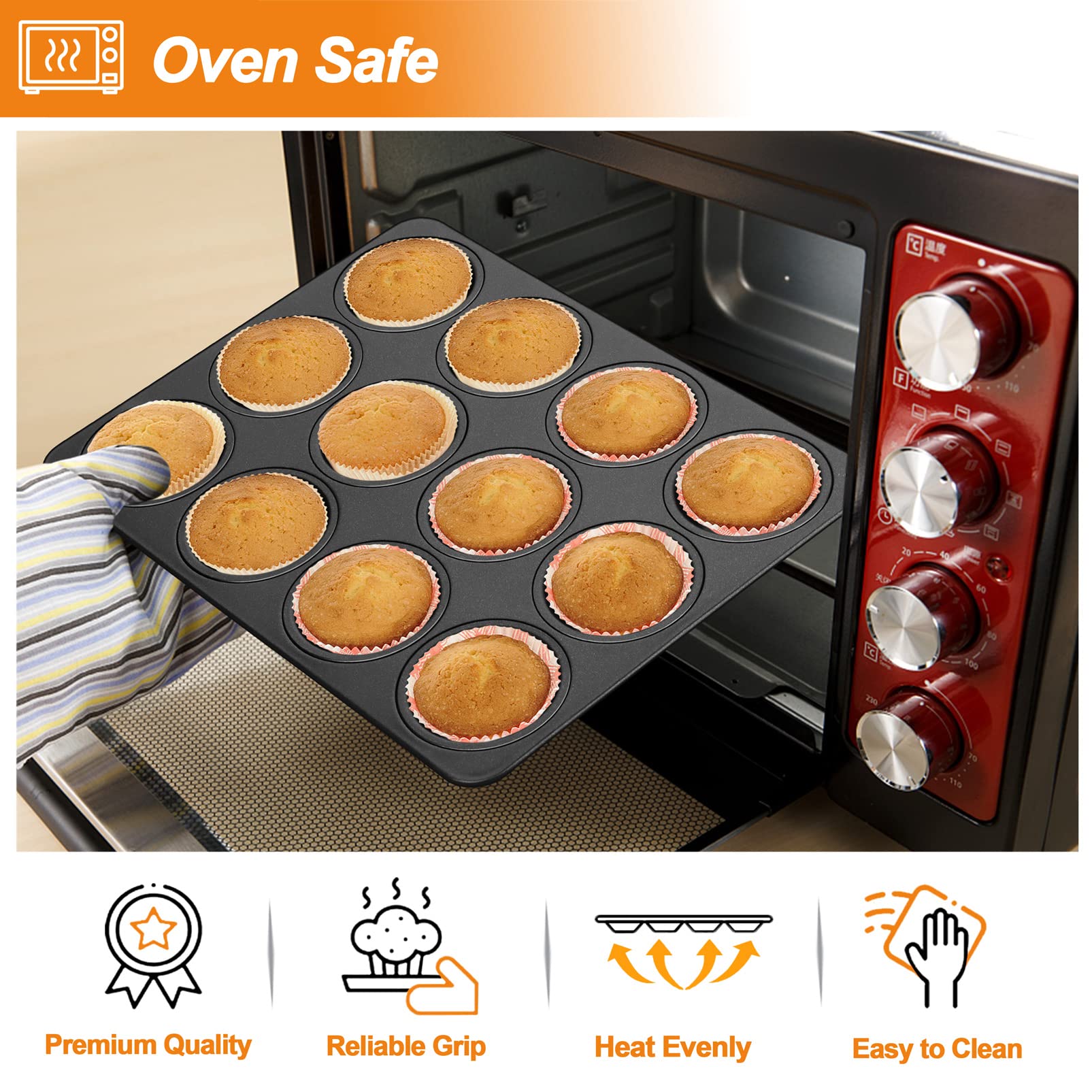 TeamFar Muffin Pan, 12 Cup Cupcake Pan Muffin Tin with Stainless Steel Core & Nonstick Coating, for Baking Muffins Cupcakes, Healthy & Welded Firmly, Easy Release & Clean, Oven Safe–Set of 2