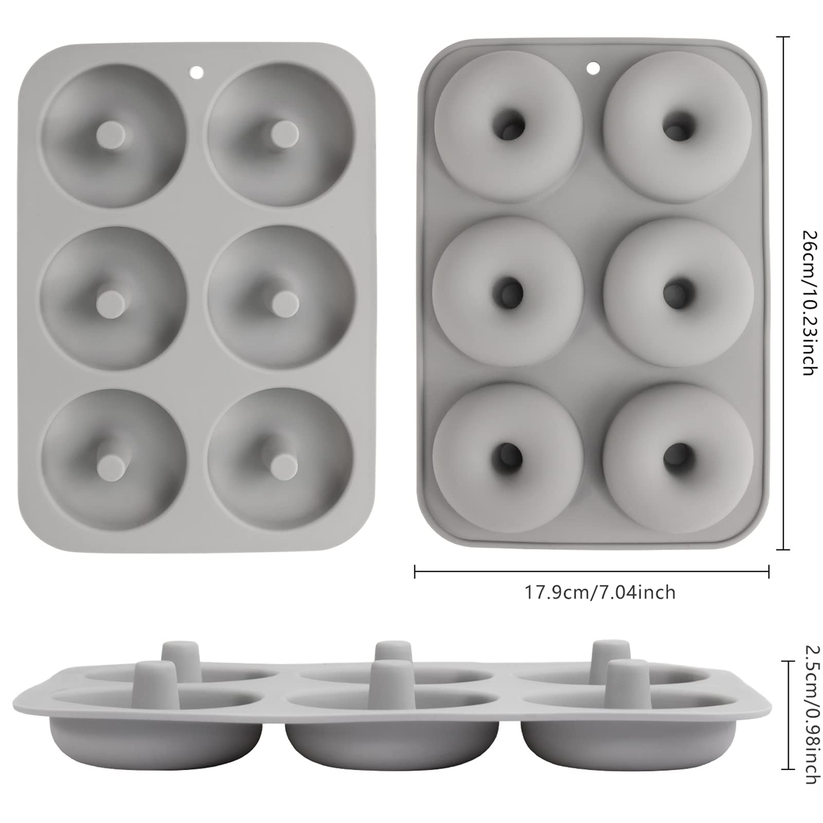 Aichoof Silicone Donut Mold for 6 Doughnuts, Set of 2. Food Grade LFGB Silicone Bagels Baking Pan, Non-Stick, Dishwasher Safe, Heat Resistant and Microwave Safe(Gray)