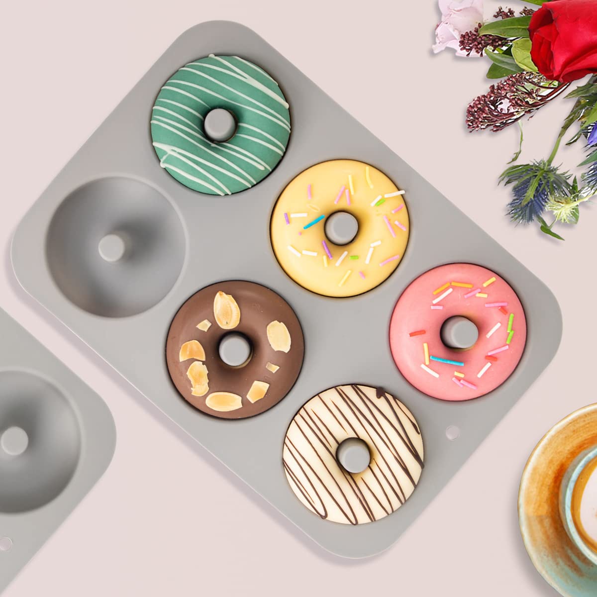 Aichoof Silicone Donut Mold for 6 Doughnuts, Set of 2. Food Grade LFGB Silicone Bagels Baking Pan, Non-Stick, Dishwasher Safe, Heat Resistant and Microwave Safe(Gray)