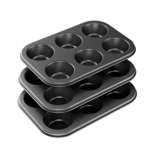 Tiawudi 3 Pack Nonstick Muffin Pan, Carbon Steel Cupcake Pan, Easy to Clean and Perfect for Making Muffins or Cupcakes, 6 Cup Standard