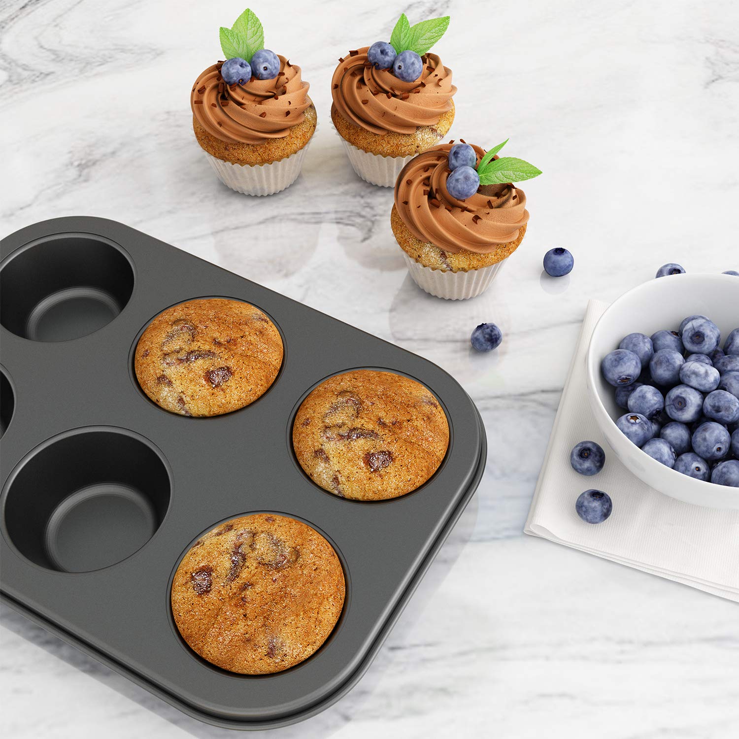 Tiawudi 3 Pack Nonstick Muffin Pan, Carbon Steel Cupcake Pan, Easy to Clean and Perfect for Making Muffins or Cupcakes, 6 Cup Standard