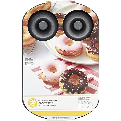 Wilton 6-Cavity Doughnut Baking Pan, Makes Individual Full-Sized 3 3/4" Donuts or Baked Treats, Non-Stick and Dishwasher Safe, Enjoy or Give as Gift, Metal (1 Pan)