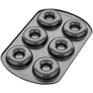 Wilton 6-Cavity Doughnut Baking Pan, Makes Individual Full-Sized 3 3/4" Donuts or Baked Treats, Non-Stick and Dishwasher Safe, Enjoy or Give as Gift, Metal (1 Pan)