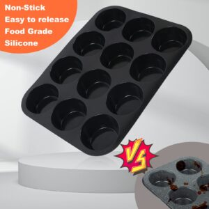 Inn Diary Silicone Muffin Pan for Baking 12 Cups Non-Stick Cupcake Pan,BPA Free Silicone Baking Mold for Muffin Cupcake Egg Bite Maker 2 Pack,Black