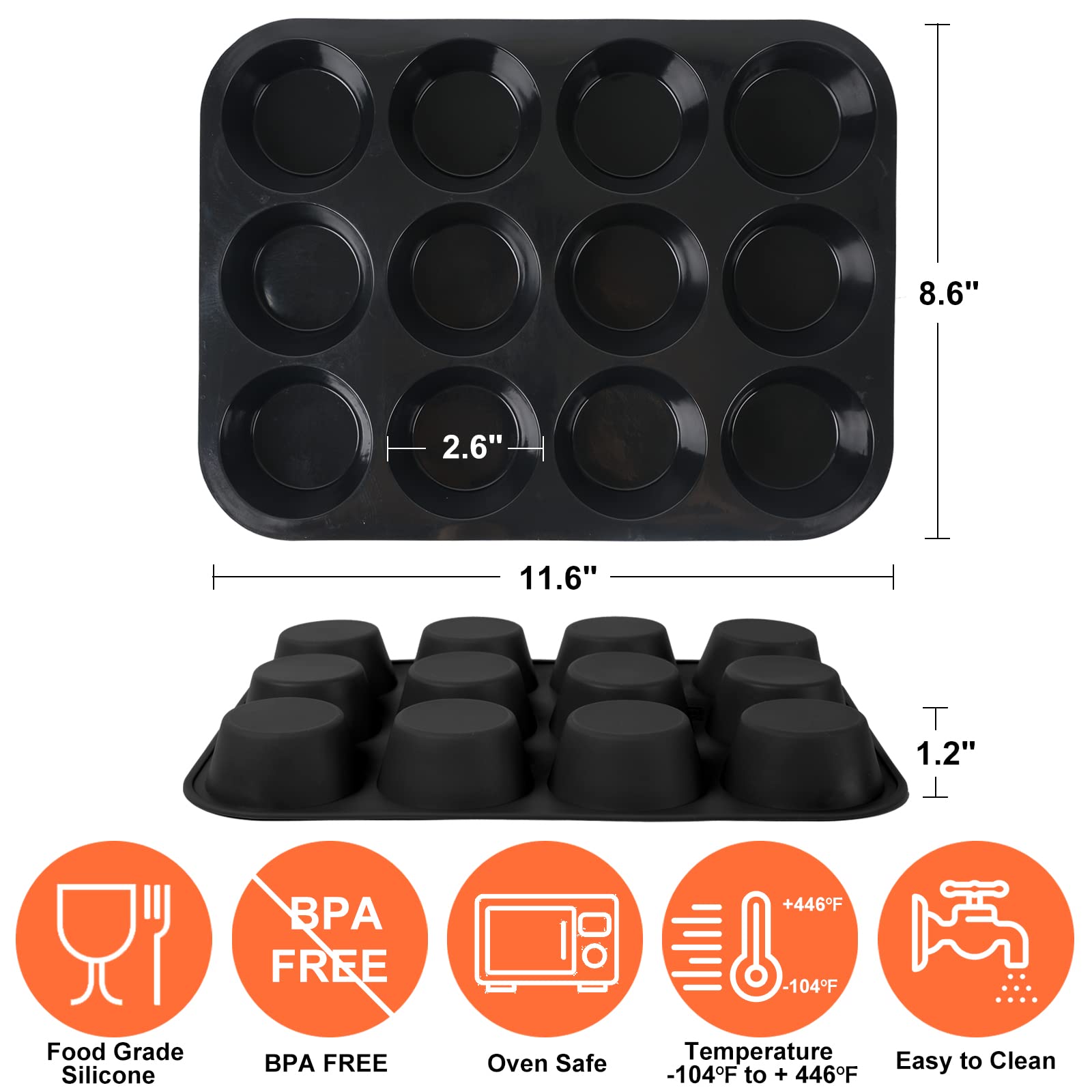 Inn Diary Silicone Muffin Pan for Baking 12 Cups Non-Stick Cupcake Pan,BPA Free Silicone Baking Mold for Muffin Cupcake Egg Bite Maker 2 Pack,Black