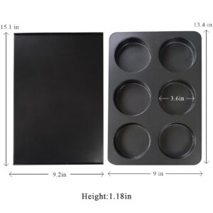 Elesinsoz 6 Cup Straight Side Jumbo English Muffin Cupcake Pan with Lid Hamburger Burger Bun Egg Sandwich Frittata Cinnamon Roll Focaccia Quiche Pancake Nonstick Baking Tin Tray Mold