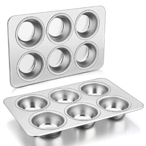 p&p chef muffin pan cupcake pans set of 2, stainless steel muffin pans (6-cups), for mini brownie tart quiches, healthy & durable, quick release & easy clean, dishwasher safe