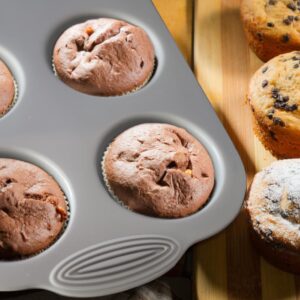 Silicone Muffin Pan - 6-Cavity Nonstick Baking Tray for Muffins, Cupcakes, Brownies and More - Food Grade and BPA Free - Pack of 3 Colors (Gray, Orange, Peacock Blue)