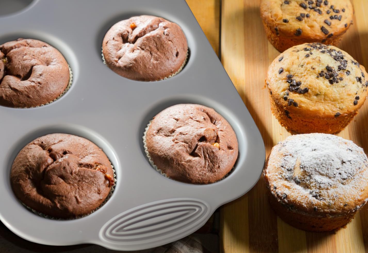 Silicone Muffin Pan - 6-Cavity Nonstick Baking Tray for Muffins, Cupcakes, Brownies and More - Food Grade and BPA Free - Pack of 3 Colors (Gray, Orange, Peacock Blue)