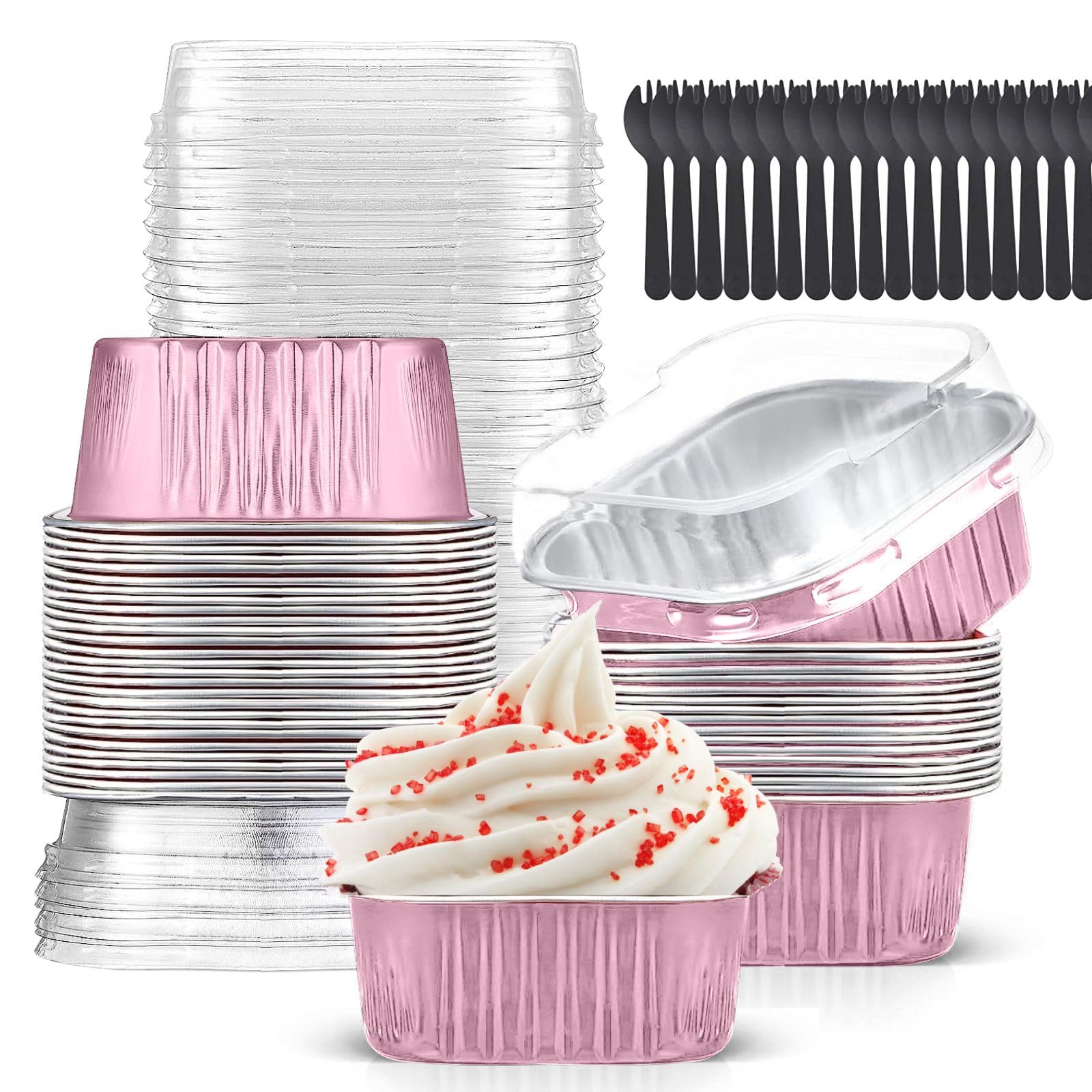 Mini Cake Pans With Lids (10oz,40 Pack) Aluminum Foil Square Cupcake Liners Brownie Baking Cups,Disposable 4”x4” Large Cupcake Pan,Jumbo Muffin Tin Ramekins Holders