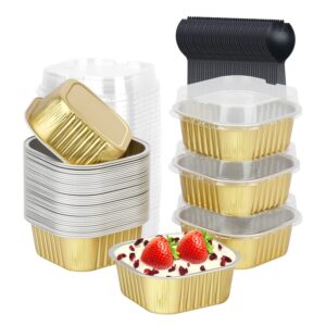 LNYZQUS Large Cupcake Liners Aluminum Pans With Lids 40 Pack, Square 10oz Small Cake Muffin Tin,Disposable Ramekins Baking Pan Containers For Brownie Mini Cake Bread Dessert-Gold