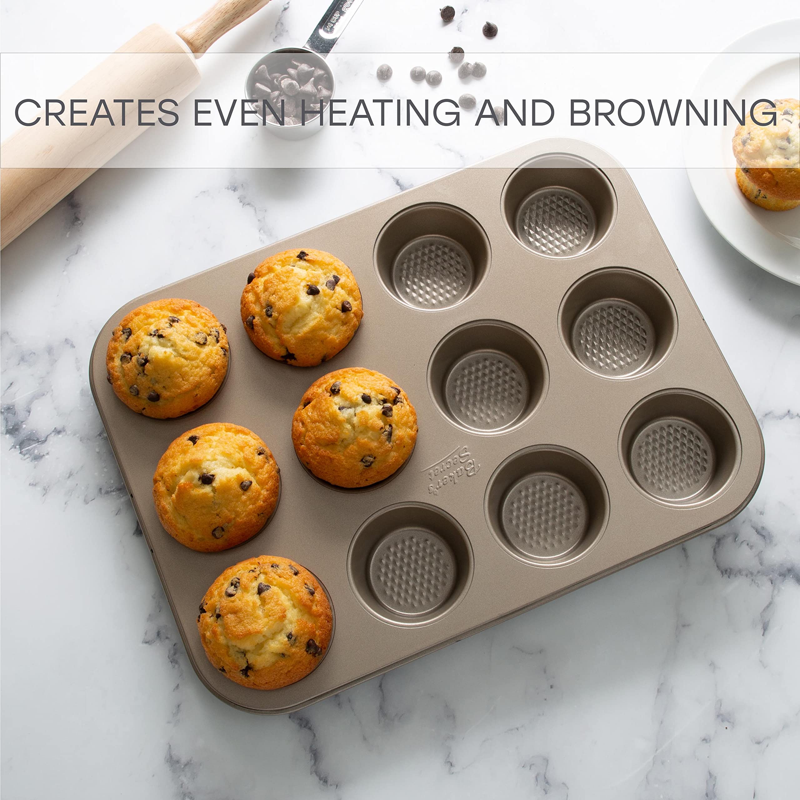 Kitchen Details Pro Series 12 Cup Cupcake Pan | Dimensions: 13.8" x 10.4" x 1.2" | 12 Cupcakes | Nonstick | Textured Diamond Base | Creates Even Heating | Durable | Bakeware | Easy to Clean