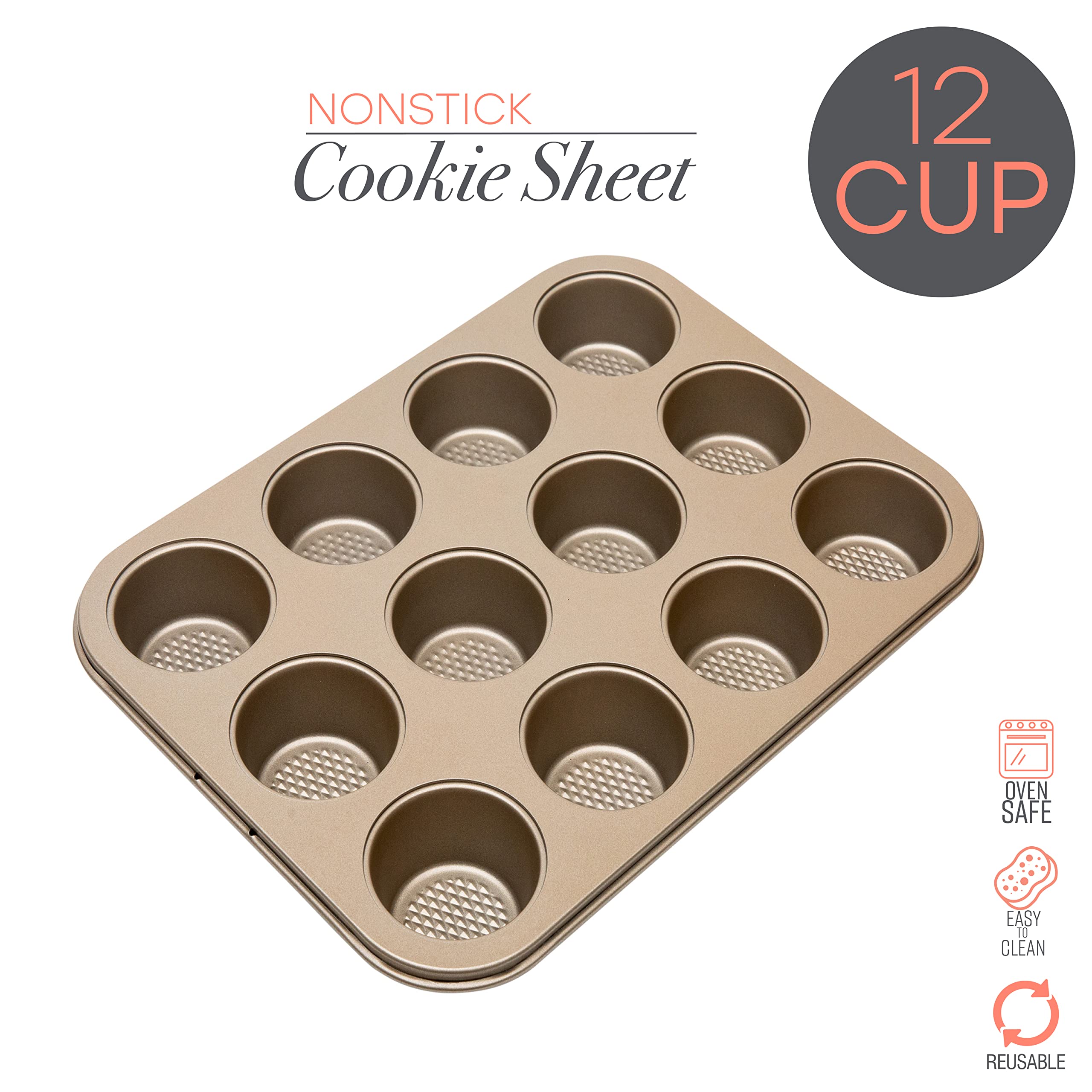 Kitchen Details Pro Series 12 Cup Cupcake Pan | Dimensions: 13.8" x 10.4" x 1.2" | 12 Cupcakes | Nonstick | Textured Diamond Base | Creates Even Heating | Durable | Bakeware | Easy to Clean