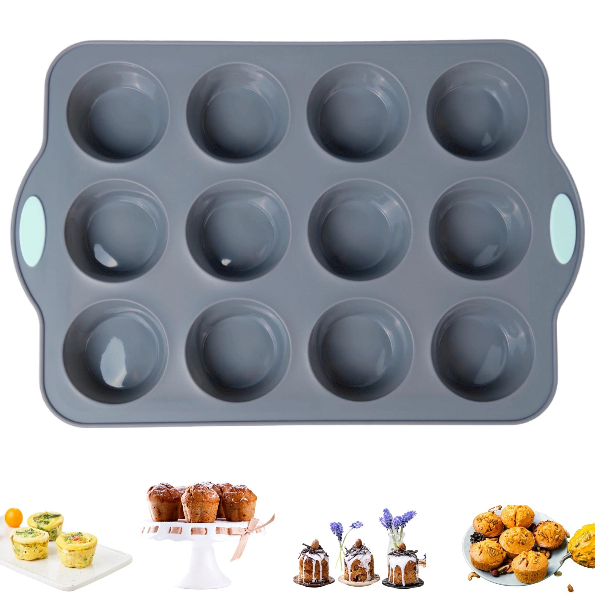 Chicrinum Silicone Muffin Pan, Non-Stick 12-Cup Food Grade Silicone Cupcake Pan, Silicone Baking Pan with Metal Reinforced Frame More Strength