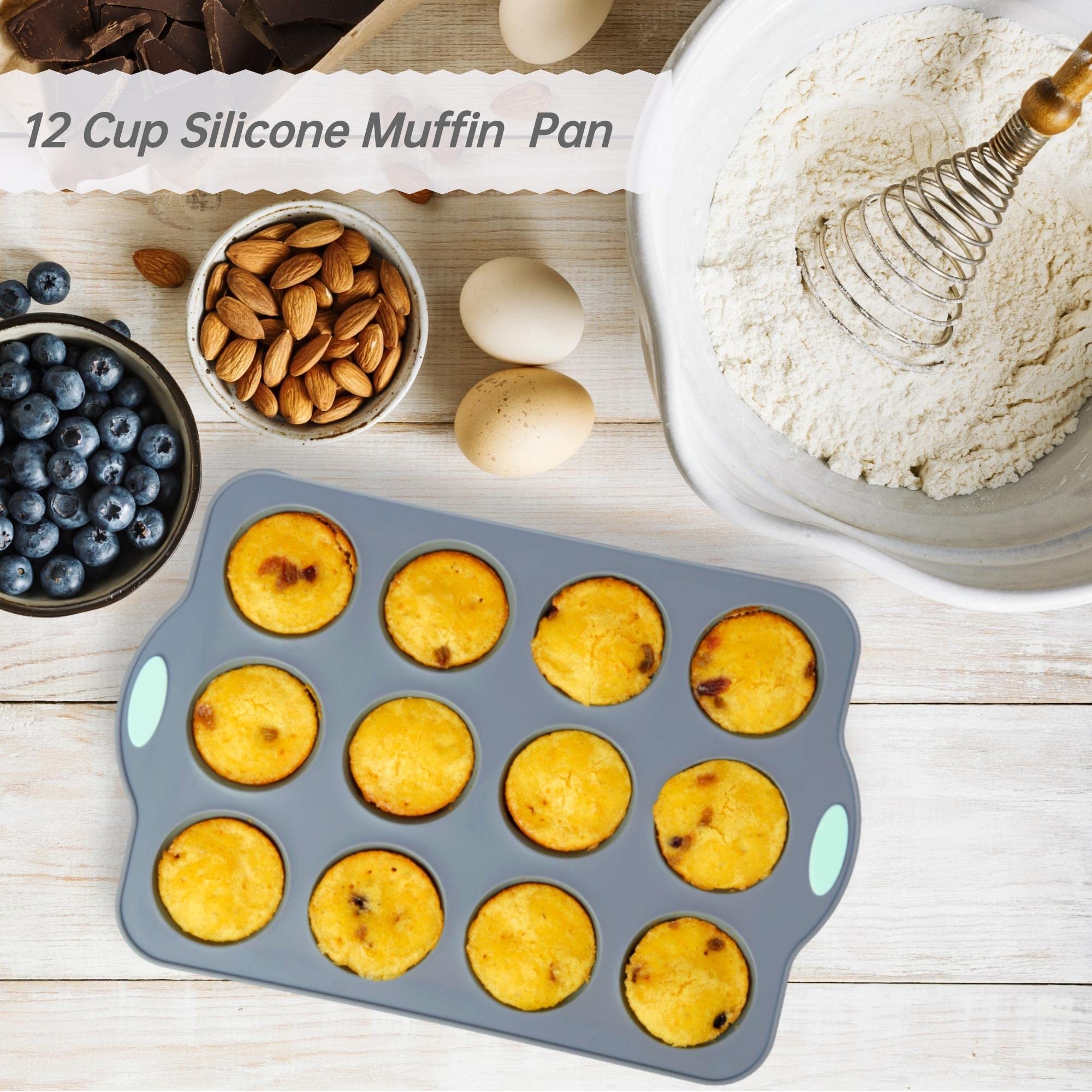 Chicrinum Silicone Muffin Pan, Non-Stick 12-Cup Food Grade Silicone Cupcake Pan, Silicone Baking Pan with Metal Reinforced Frame More Strength