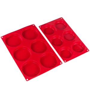 Webake Silicone Molds for 3 Inch and 4 Inch Round Disc Pan for Cake, Muffin Top, Bun, Custard, Tart, Resin Coaster, 6 Cavity, Red Set of 2