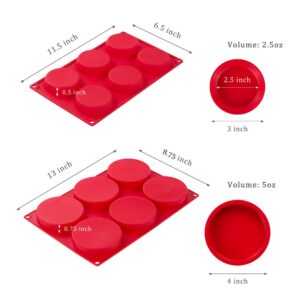 Webake Silicone Molds for 3 Inch and 4 Inch Round Disc Pan for Cake, Muffin Top, Bun, Custard, Tart, Resin Coaster, 6 Cavity, Red Set of 2