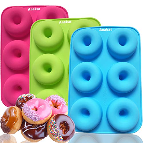 Anaeat 3 Pack Donut Pan Silicone Baking Mold, Just Pop Out! Non-Stick Doughnuts Baking Pans BPA Free for 6 Full-Size Donuts, Muffin, Cake Biscuit Bagels - Oven & Dishwasher Safe (Multicolor)