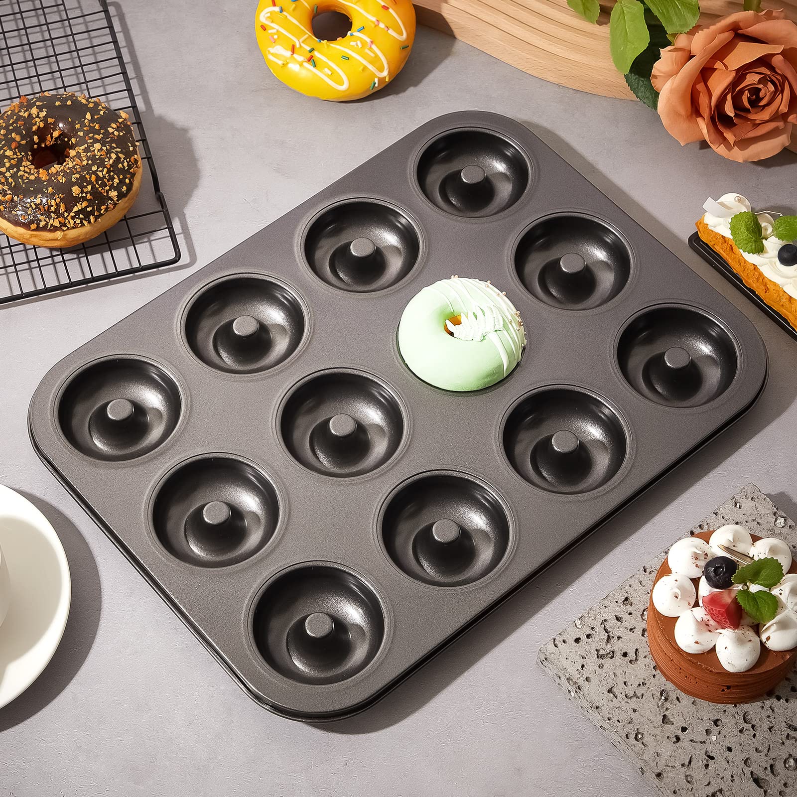 4 Pieces 12 Cavity Mini Donut Pan Nonstick Donut Pan Donut Baking Pan Doughnut Bakeware for Oven Baking Muffin Cake Dessert, Black, 13.78 x 10.24 Inches