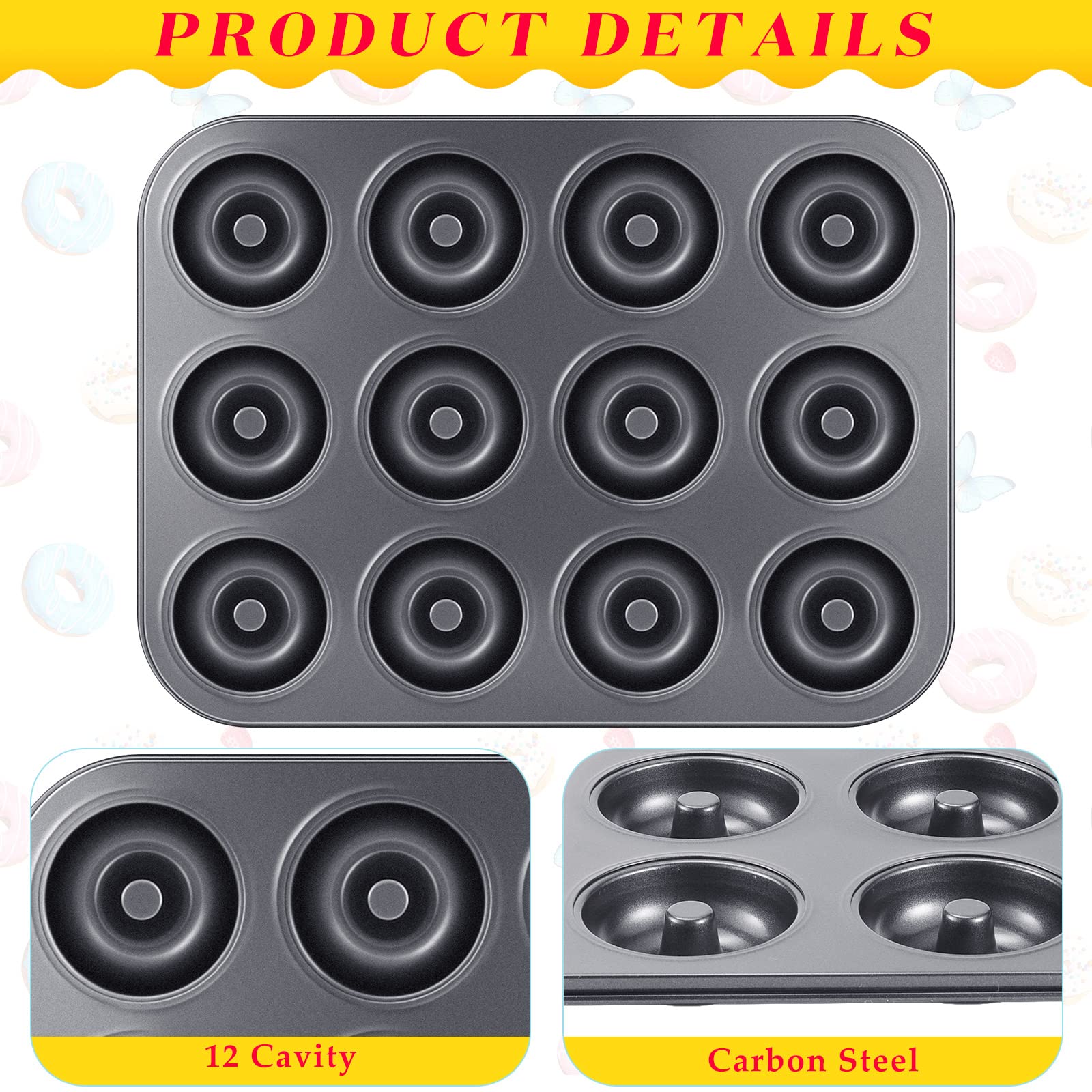 4 Pieces 12 Cavity Mini Donut Pan Nonstick Donut Pan Donut Baking Pan Doughnut Bakeware for Oven Baking Muffin Cake Dessert, Black, 13.78 x 10.24 Inches