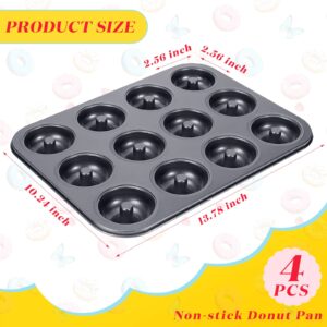 4 Pieces 12 Cavity Mini Donut Pan Nonstick Donut Pan Donut Baking Pan Doughnut Bakeware for Oven Baking Muffin Cake Dessert, Black, 13.78 x 10.24 Inches