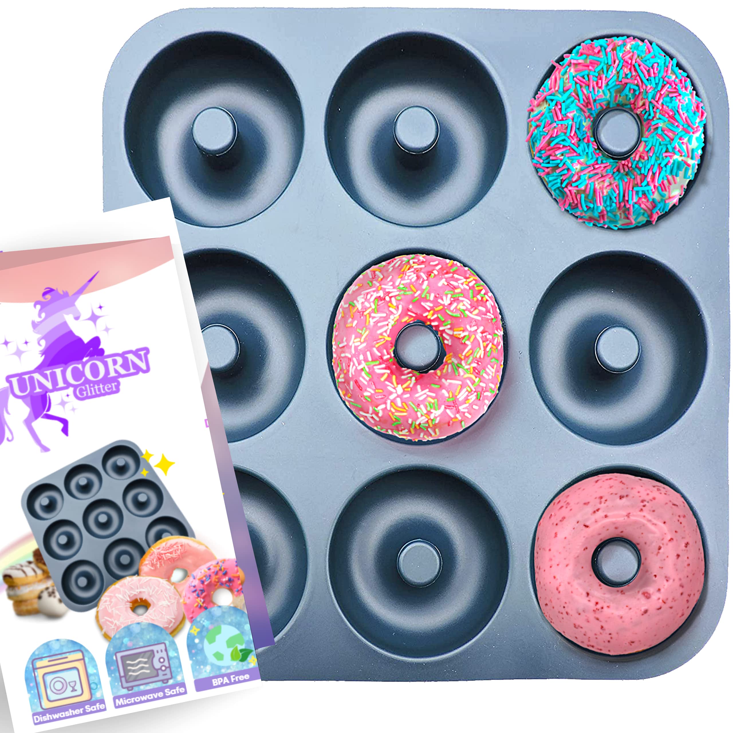 Large Non-Stick 100% LFGB Grade Silicone Donut Pan, Makes 9 Full Size Donuts, Oven, Dishwasher and Freezer Safe Donut Mold by Unicorn Glitter LLC