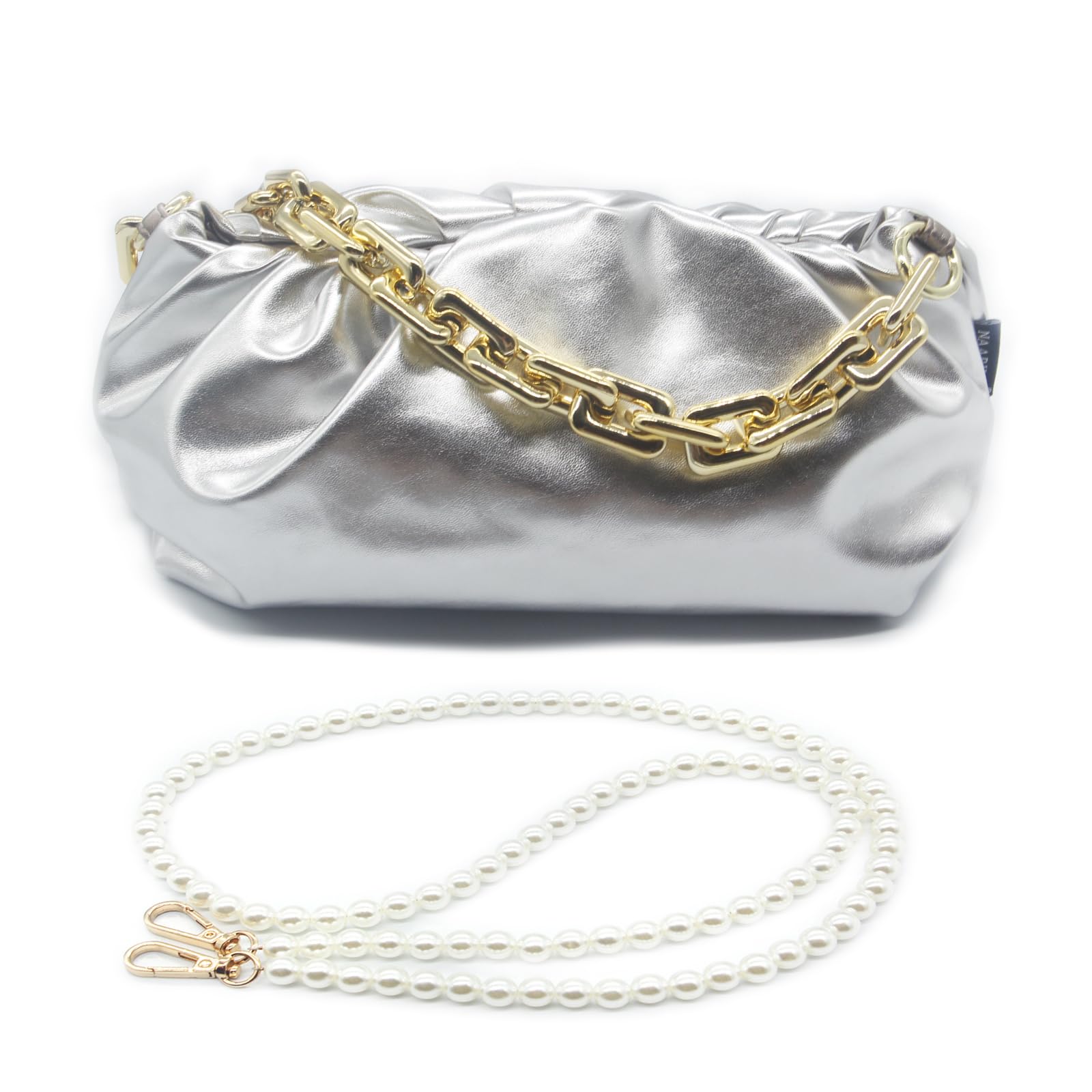 NAARIIAN Women‘s cloud-shape Metallic PU dumpling bags | Chunky chain clutch purses | Detachable shoulder strap Evening Handbags (Silver)