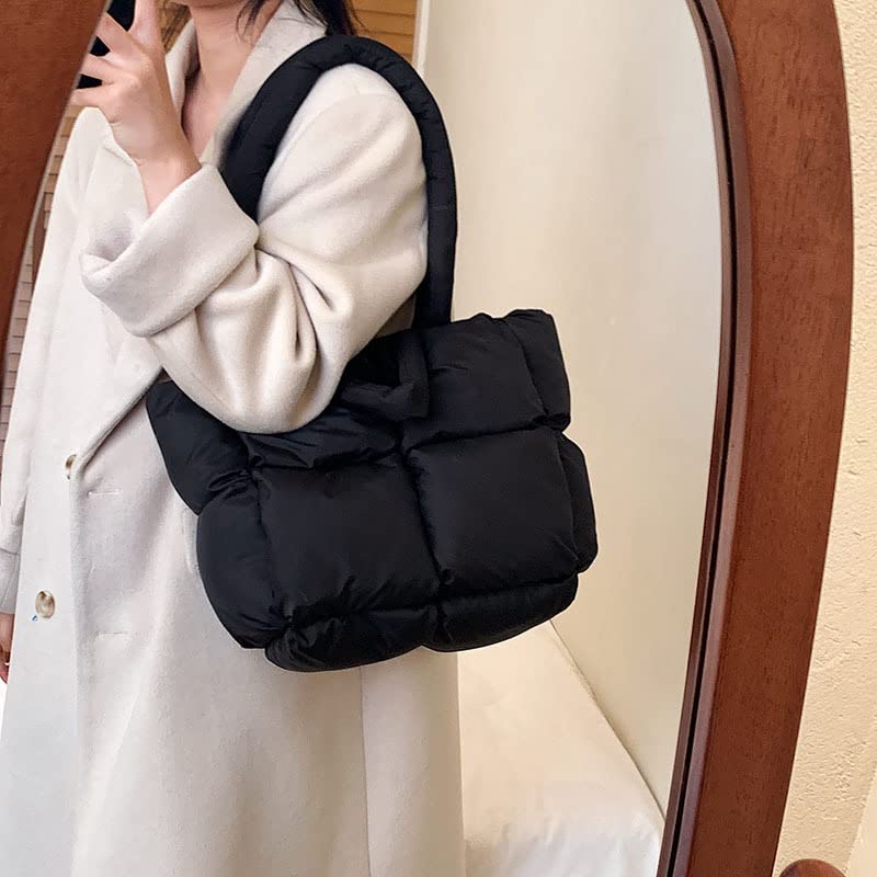 Women Large Quilted Space Tote Bag Soft Padded Down Winter Puffer Handbag Nylon Pillow Shopper Shoulder Bag Black