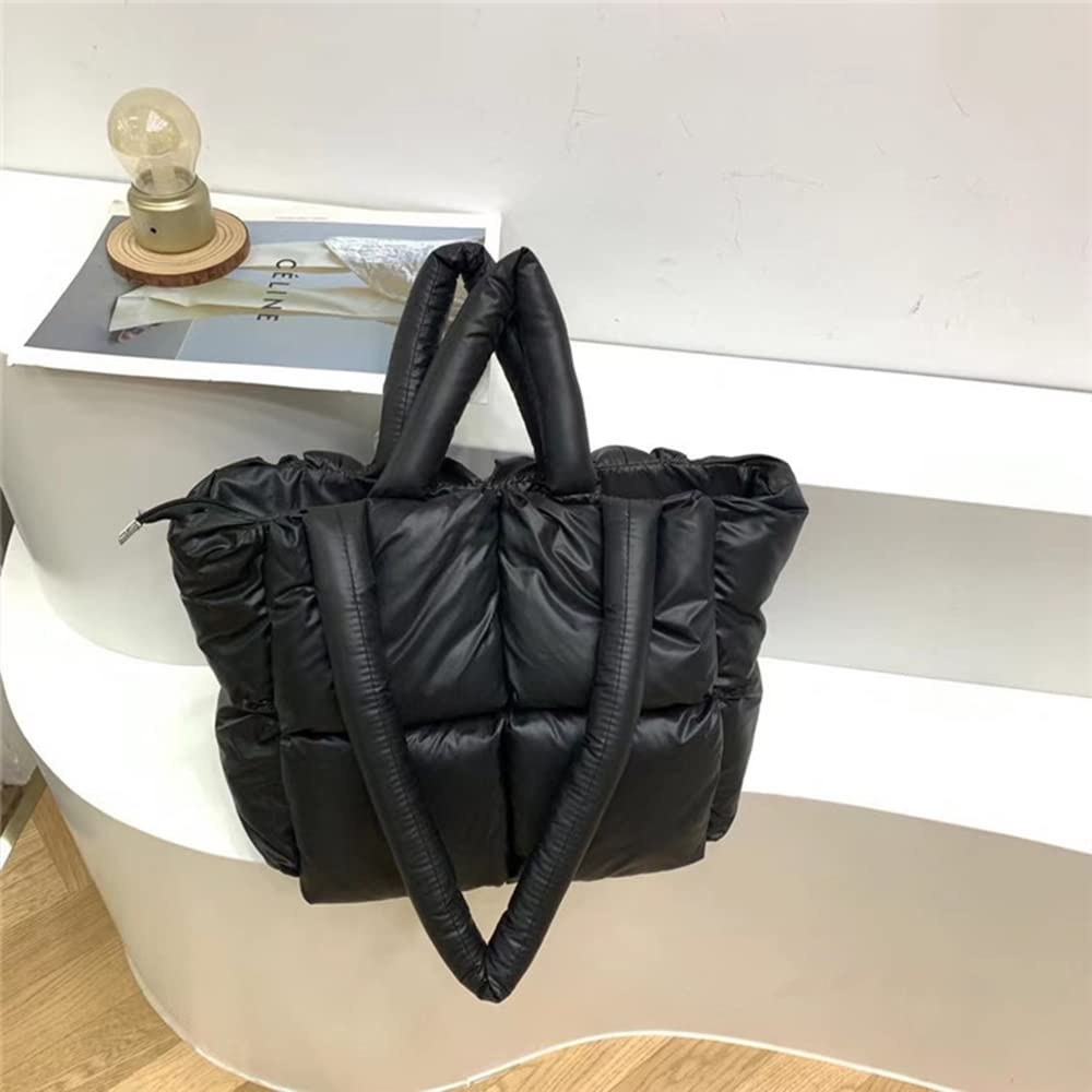 Women Large Quilted Space Tote Bag Soft Padded Down Winter Puffer Handbag Nylon Pillow Shopper Shoulder Bag Black