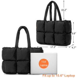 Herald Puffer Tote Bag for Women, Large Quilted Puffy Handbag Lightweight Winter Down Padding Lattice Satchel Purse (Black)