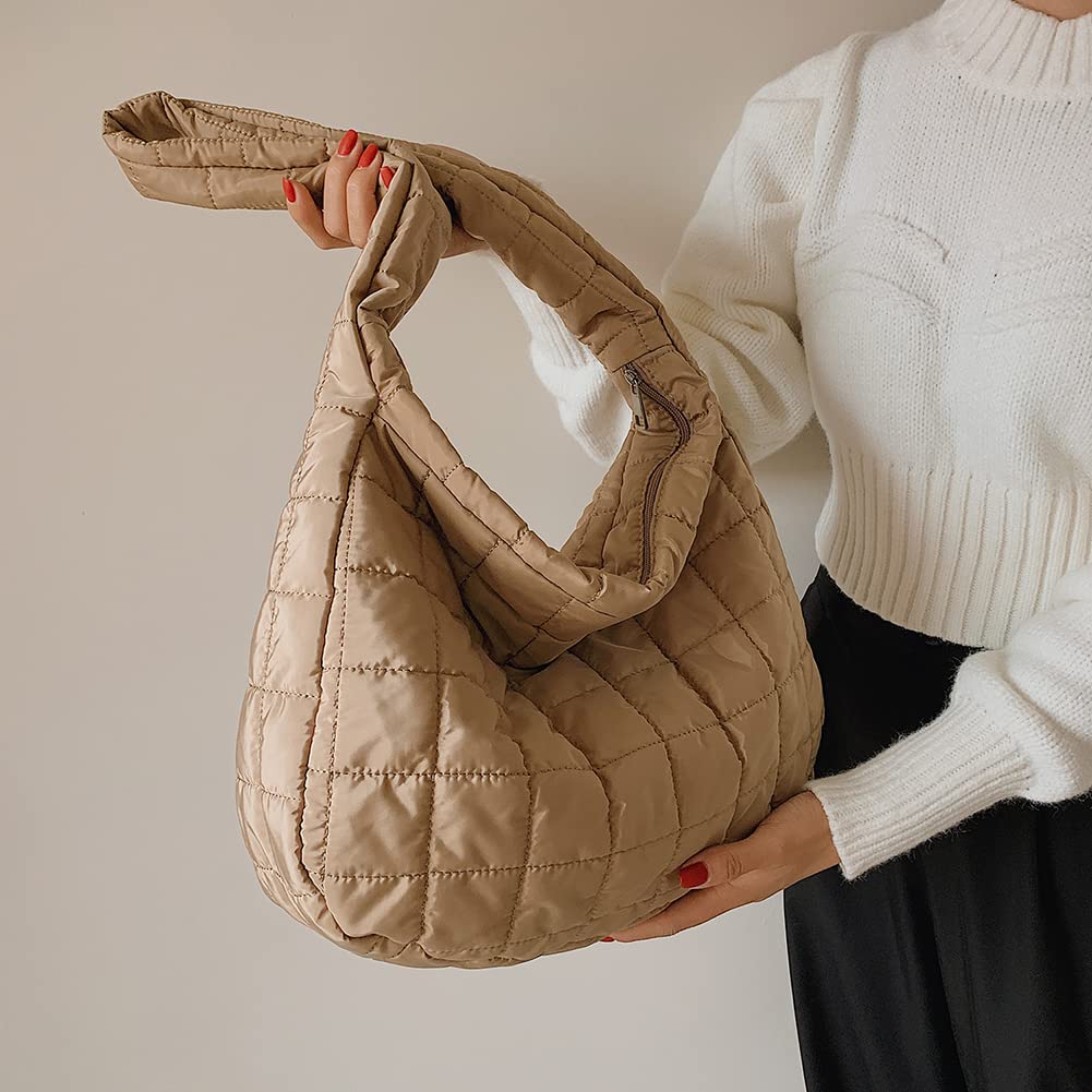 AZURAOKEY Puffer Tote Bag for Women, Quilted Cotton Padd signer, Autumn nter ta Nylon Lattice Shoulr Bag Pure Color Lar Crossbody Bags-Khaki