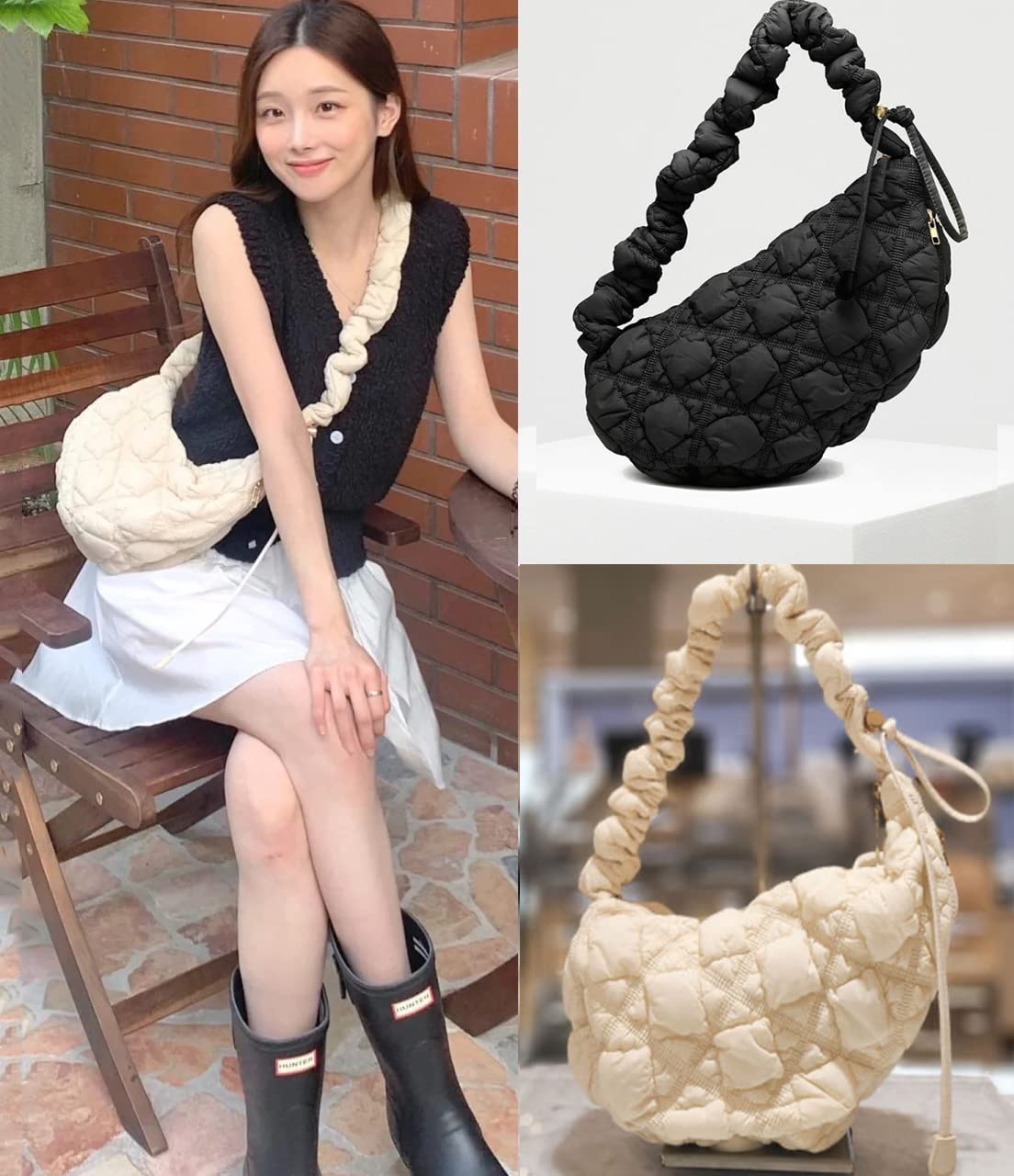 Puffer Bag Quilted Padded Tote Bags for Women Puffy Hobo Purse Lightweight Down Cotton Crossbody Shoulder Bag Black